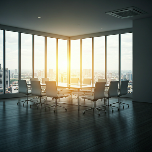 Modern corporate building at sunset