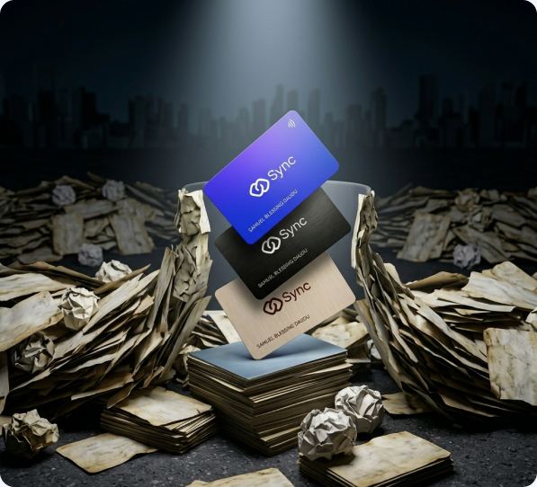 A SYNC card resting on a pile of discarded paper currency